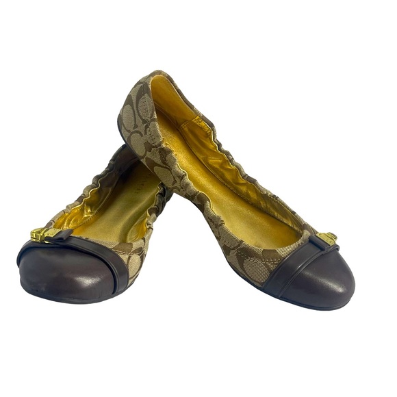 Coach Delphine Signature Ballet Flats Size 8.5 Brown Khaki Buckle Detail - Picture 3 of 13